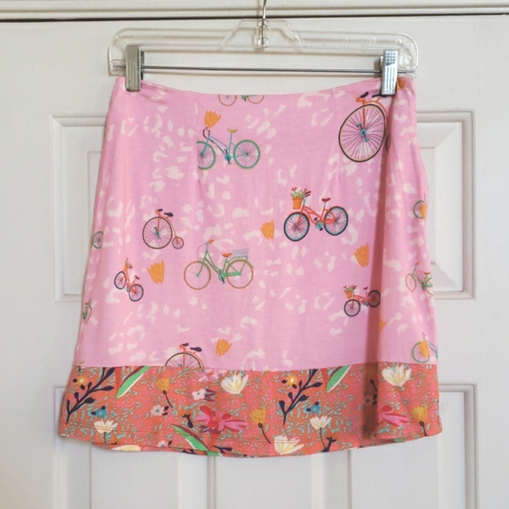 BENARES Pink Orange Bicycle Print Mini Skirt • Size Small - Picture 3 of 10